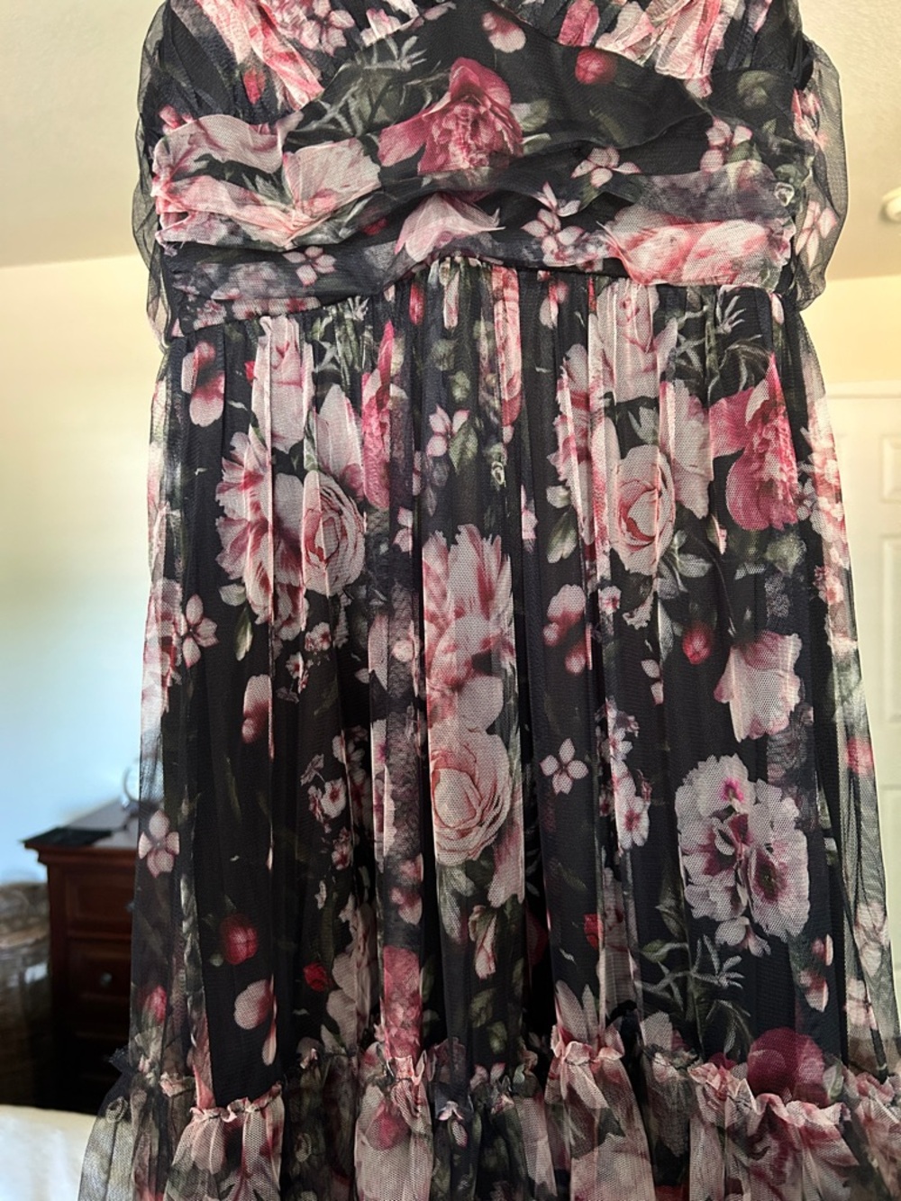 Lulu's Black Floral Tiered Mesh Maxi Dress with Pink Roses - Picture 7 of 15